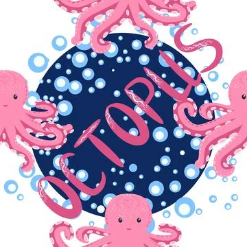 Seamless pattern with cute octopus, seaweed and pearl. Trendy nursery backgro Stock Illustration
