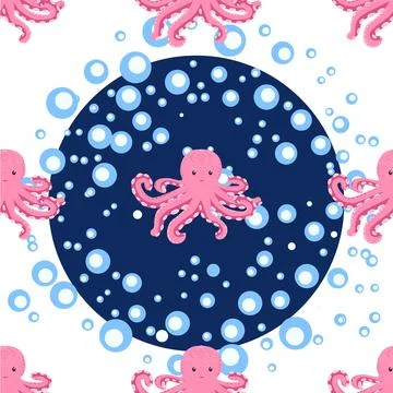 Seamless pattern with cute octopus, seaweed and pearl. Trendy nursery backgro 스톡 일러스트