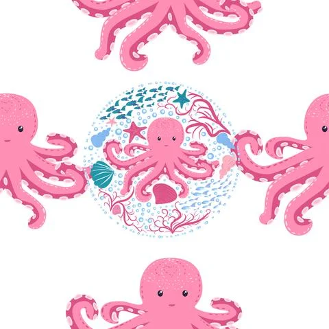 Seamless pattern with cute octopus, seaweed and pearl. Trendy nursery backgro Illustrazione stock