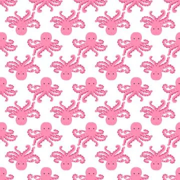 Seamless pattern with cute octopus, seaweed and pearl. Trendy nursery backgro Illustrazione stock