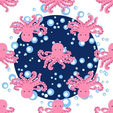 Seamless pattern with cute octopus, seaweed and pearl. Trendy nursery backgro Stock Illustration