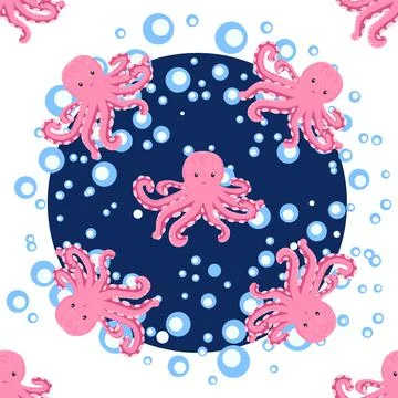Seamless pattern with cute octopus, seaweed and pearl. Trendy nursery backgro 스톡 일러스트