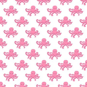 Seamless pattern with cute octopus, seaweed and pearl. Trendy nursery backgro Stock Illustration