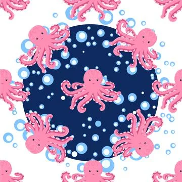 Seamless pattern with cute octopus, seaweed and pearl. Trendy nursery backgro Illustrazione stock