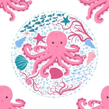 Seamless pattern with cute octopus, seaweed and pearl. Trendy nursery backgro Stockillustratie