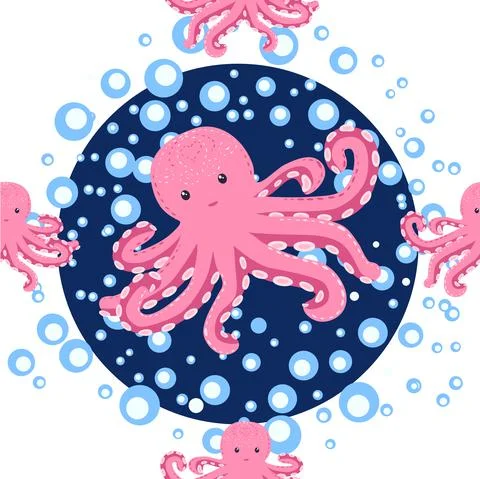 Seamless pattern with cute octopus, seaweed and pearl. Trendy nursery backgro Stock Illustration