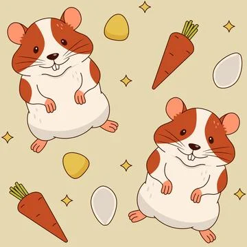 A seamless pattern with a cute orange and white hamster, carrots, corn kern.. Stock Illustration