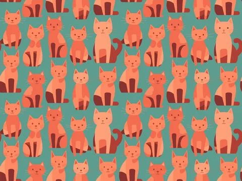 Seamless pattern cute orange cartoon cats on teal Stock Illustration