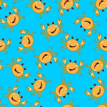 Seamless pattern with cute orange crab on blue background. Vector animals Illustrazione stock
