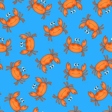 Seamless pattern with cute orange crab on blue background. Vector animals Illustrazione stock