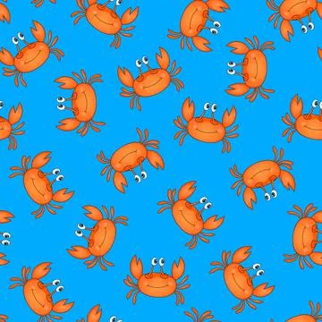 Seamless pattern with cute orange crab on blue background. Vector animals イラスト素材