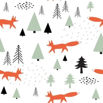 Seamless pattern with cute orange fox in the forest. Vector hand drawn Stock Illustration