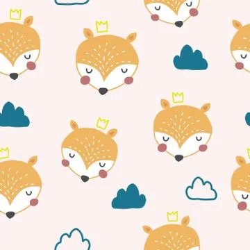 Seamless pattern with cute orange foxes and hand drawn clouds in nordic style Stockillustratie