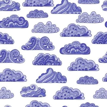 Seamless pattern with cute ornamental doodle clouds on blue background Illustrazione stock