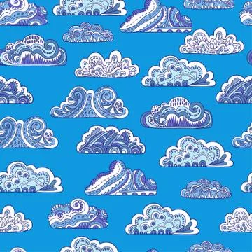 Seamless pattern with cute ornamental doodle clouds on blue background Illustrazione stock