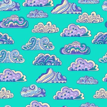 Seamless pattern with cute ornamental doodle clouds on green background Stock Illustration