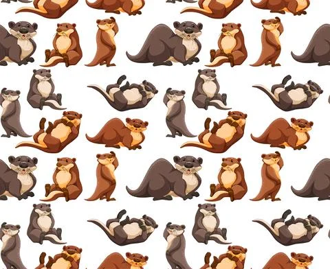Seamless pattern with cute otter in different poses on white background Stock Illustration