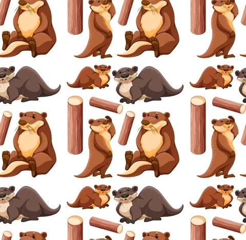 Seamless pattern with cute otter in different poses on white background Stock Illustration