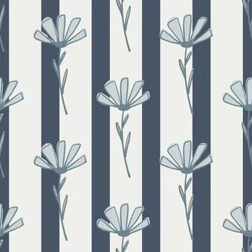 Seamless pattern with cute outline nature flowers shapes. Blue tones plants o Stock Illustration