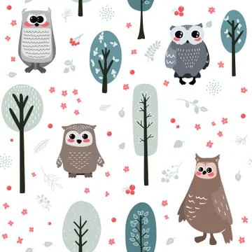 Seamless pattern with cute owl and different elements. Vector illustration 스톡 일러스트