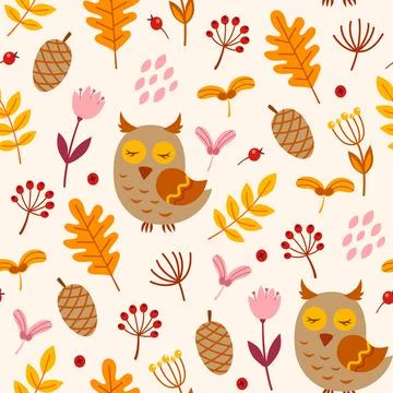 Seamless pattern with cute owl and falling leaves. Stock Illustration
