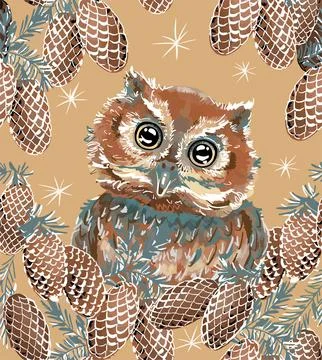 Seamless pattern. A cute owl in fir cones, attentively looks at us with his big Stock Illustration