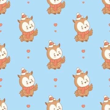 Seamless pattern. Cute owl in winter knitted clothes hat and scarf on blue Stock Illustration
