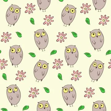 Seamless pattern with cute owls and flowers Illustrazione stock