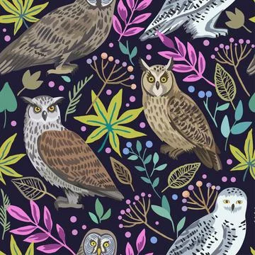 Seamless pattern with cute owls and forest plants and berries for design and Stock Illustration