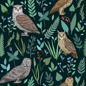 Seamless pattern with cute owls and forest plants and berries for design and Stock Illustration