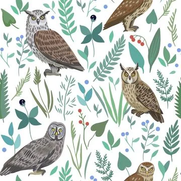 Seamless pattern with cute owls and forest plants and berries for design and Illustrazione stock