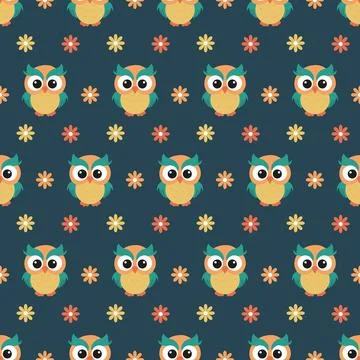 Seamless pattern with cute owls and flowers. Stock Illustration
