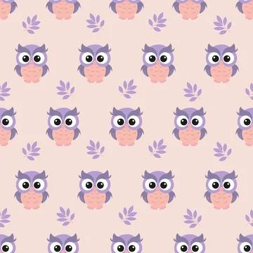 Seamless pattern with cute owls and leaves. Illustrazione stock
