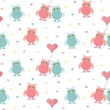 Seamless pattern with cute owls, balloon and hearts. Illustrazione stock