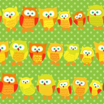 Seamless pattern with cute owls on green dotted background Stock Illustration