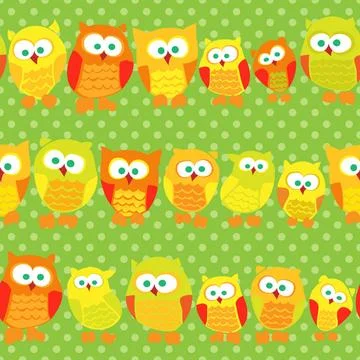 Seamless pattern with cute owls on green dotted background. Seamless patte... Stock Photos