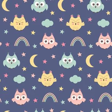 Seamless pattern with cute owls, rainbow, cloud and stars. Scandinavian boh.. Stock Illustration