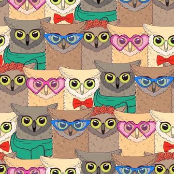 Seamless pattern with cute owls with trendy accessories Stock Illustration