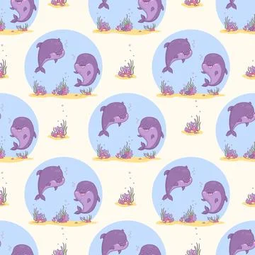 Seamless pattern with cute pair of dolphins. Vector illustration. Cartoon k.. Stock Illustration