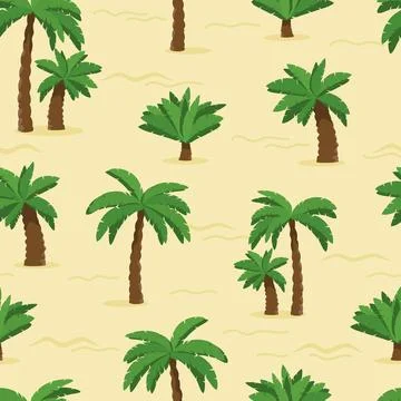 Seamless pattern with cute palm trees, sand and wave. Stock Illustration