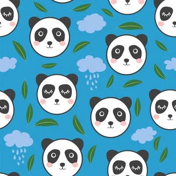 Seamless pattern with cute panda animal faces. Illustration in boho style, dr Stock Illustration