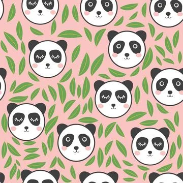 Seamless pattern with cute panda animal faces. Illustration in boho style, dr イラスト素材