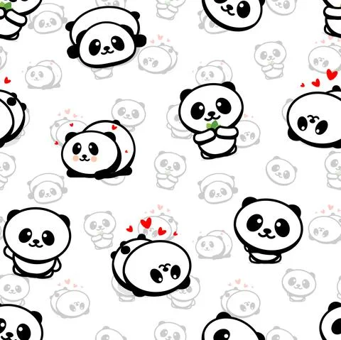 Seamless Pattern with Cute Panda Asian Bear Vector Illustrations, Collection of Illustrazione stock