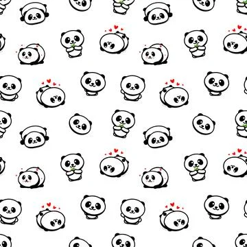 Seamless Pattern with Cute Panda Asian Bear Vector Illustrations, Collection of 스톡 일러스트