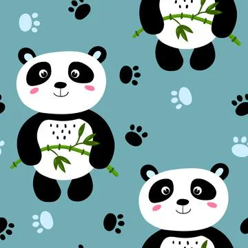 Seamless pattern with cute panda baby on color background. Funny asian animals Stock Illustration
