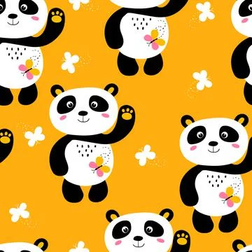 Seamless pattern with cute panda baby on color background. Funny asian animals Illustrazione stock