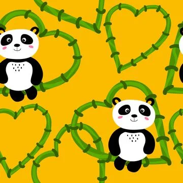 Seamless pattern with cute panda baby on color background. Funny asian animals Illustrazione stock