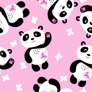 Seamless pattern with cute panda baby on color background. Funny asian animals Illustrazione stock