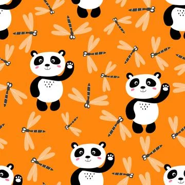 Seamless pattern with cute panda baby and dragonfly on color background. Funny Illustrazione stock