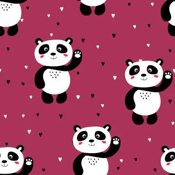 Seamless pattern with cute panda baby on color background. Funny asian animals Illustrazione stock